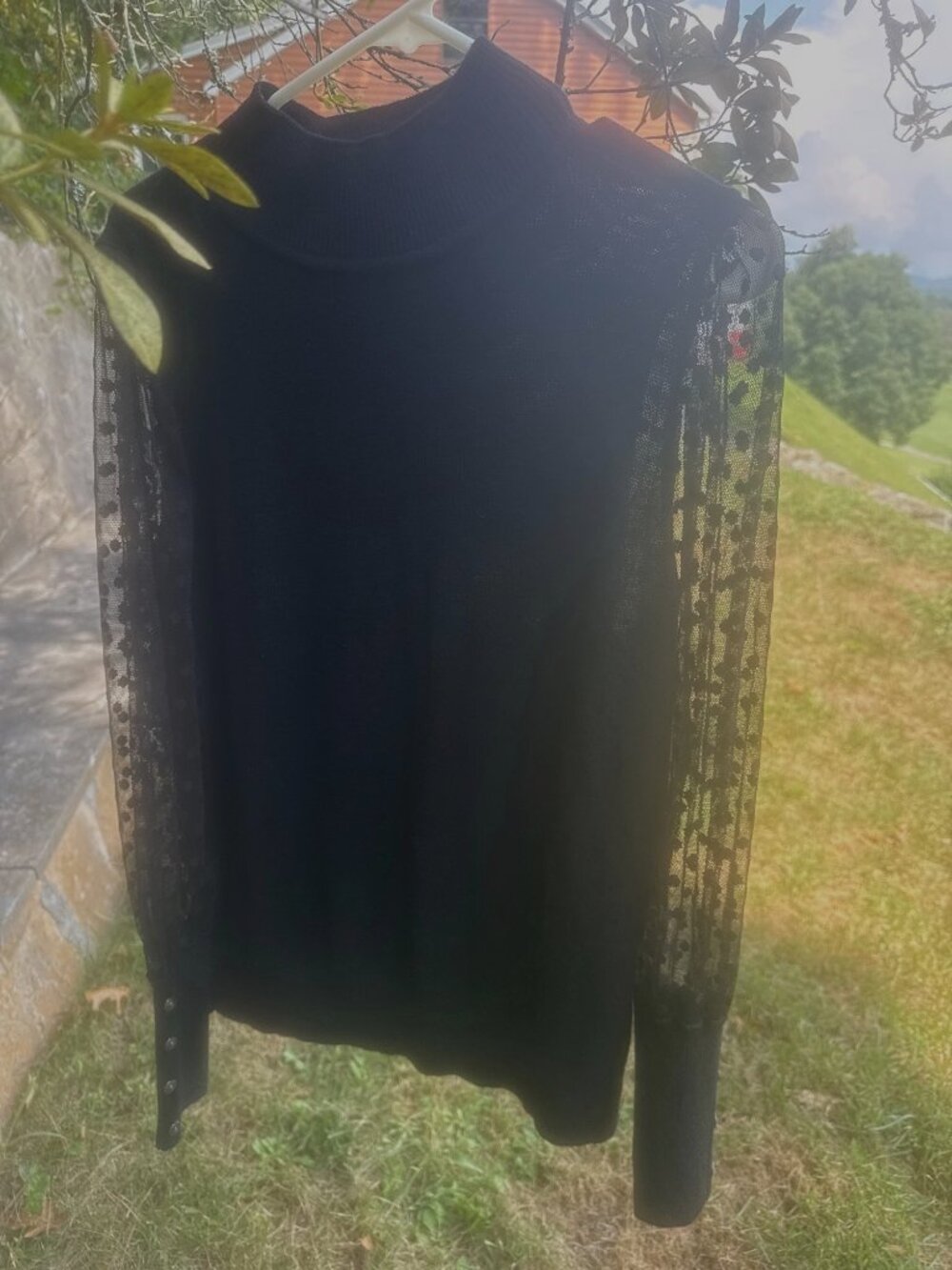 Talbots Black Mock Neck Knit Sweater L Sheer Polka Dot Mesh Sleeves Whimsigoth